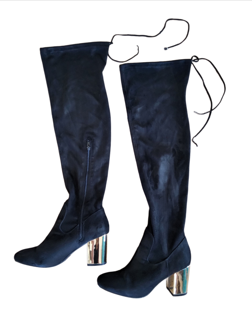 Justfab Black Over-the-Knee Boots with Gold Block Heel/Faux Suede